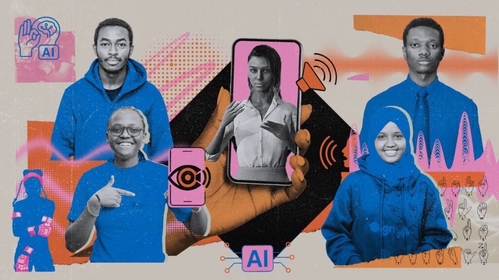 Picture composite showing the Kenya finalists of the 2025 Imagine Cup Signvrse team, showing four students with a graphic representation of a phone app to help hearing-impaired persons translate spoken words into African Sign Language.